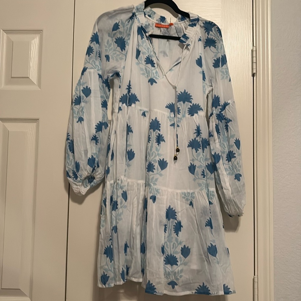 NWT OLIPHANT Ballon Sleeve Tiered Short Mini Dress Gauzy Cotton Floral Ties S